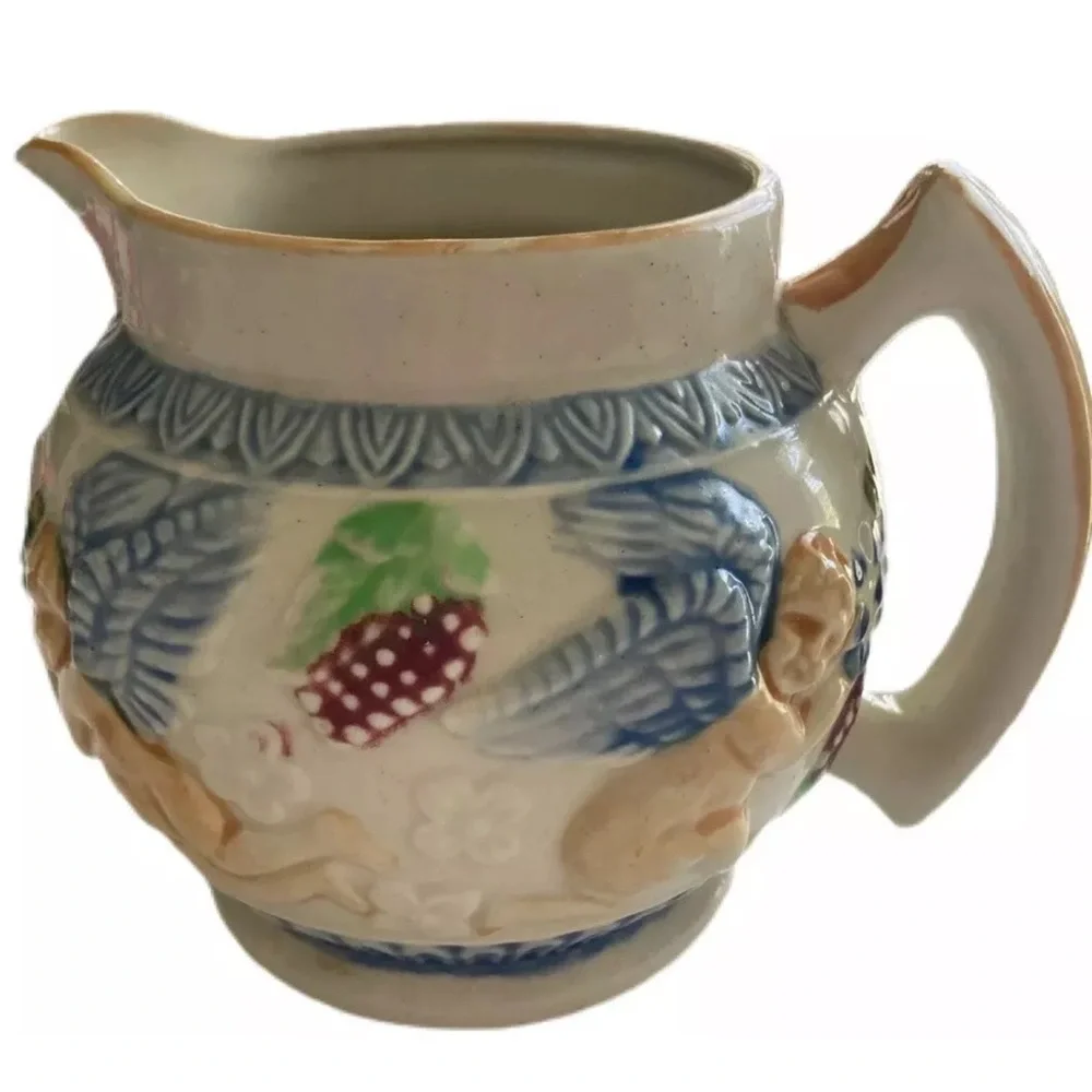 VTG Transor Ware Japan Cherub Pitcher Mid Century Majolica Style Relief Pottery